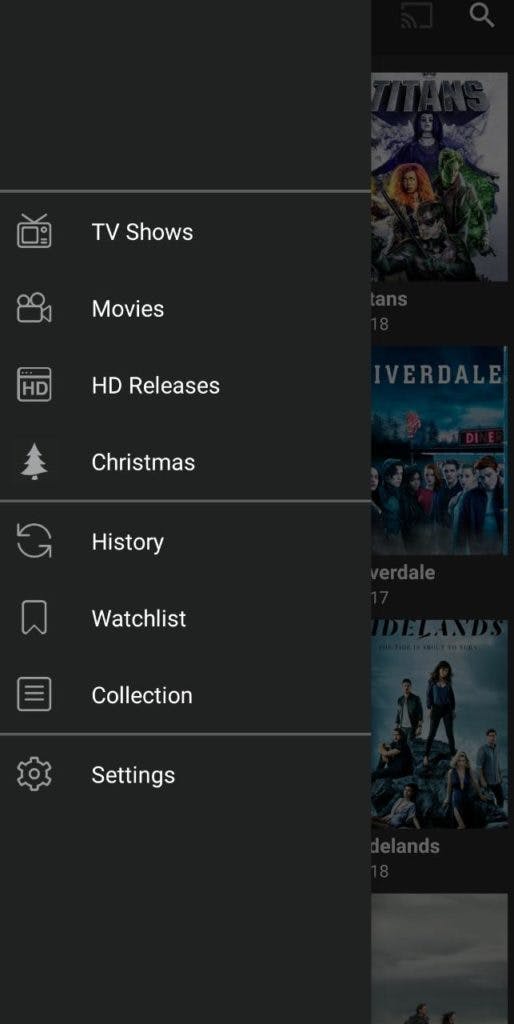 beeTV app menu