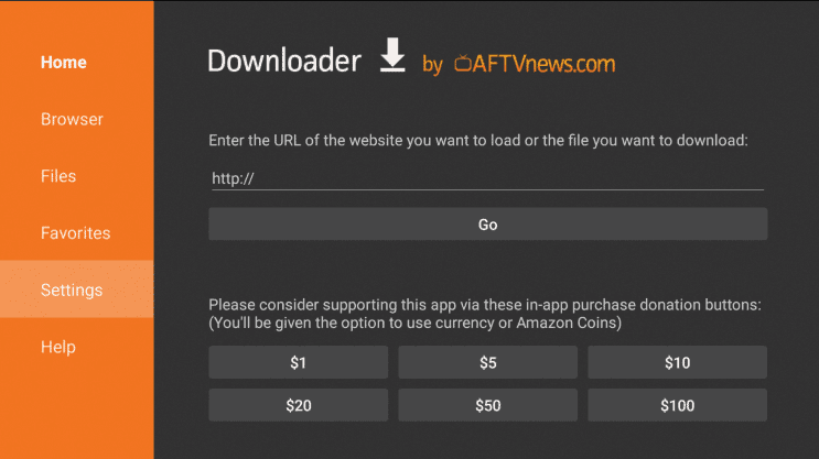 settings of the Downloader app